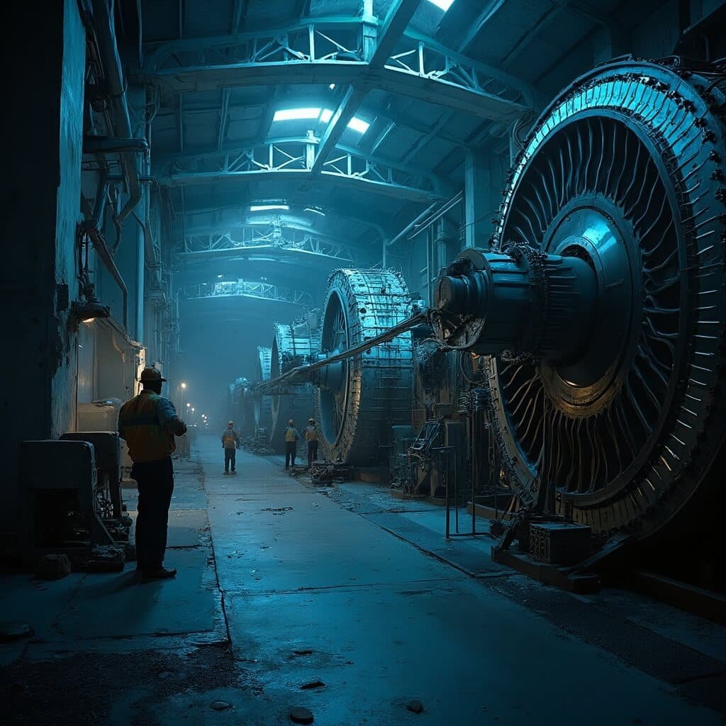 Industrial workers in safety gear maintaining massive spinning turbines inside Hoover Dam's power generation facility