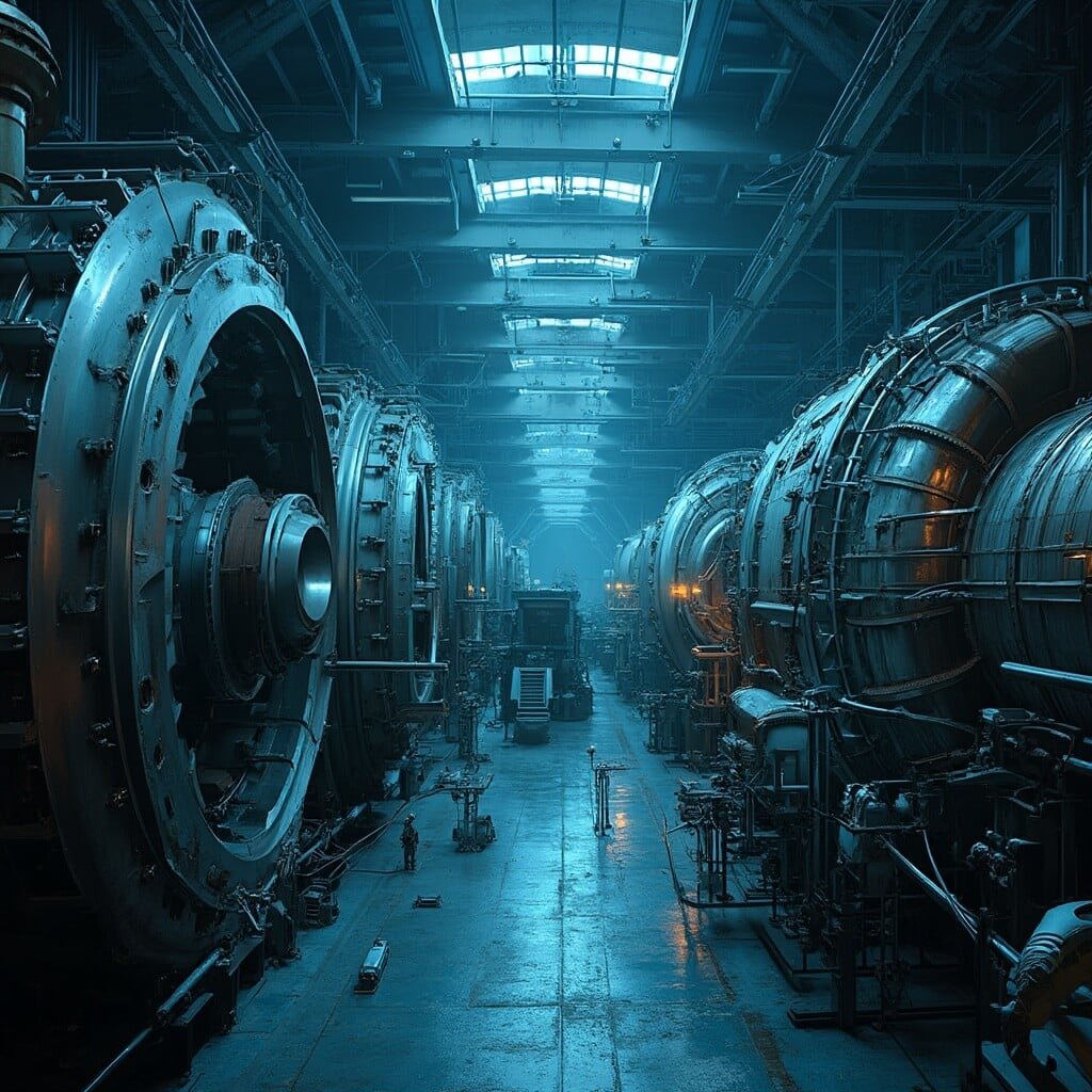 Hoover Dam's power generation facility showcasing massive industrial turbines in motion, workers in safety gear, and complex generator mechanisms, all highlighted by dramatic lighting and a cool color palette of steel blues and industrial grays.