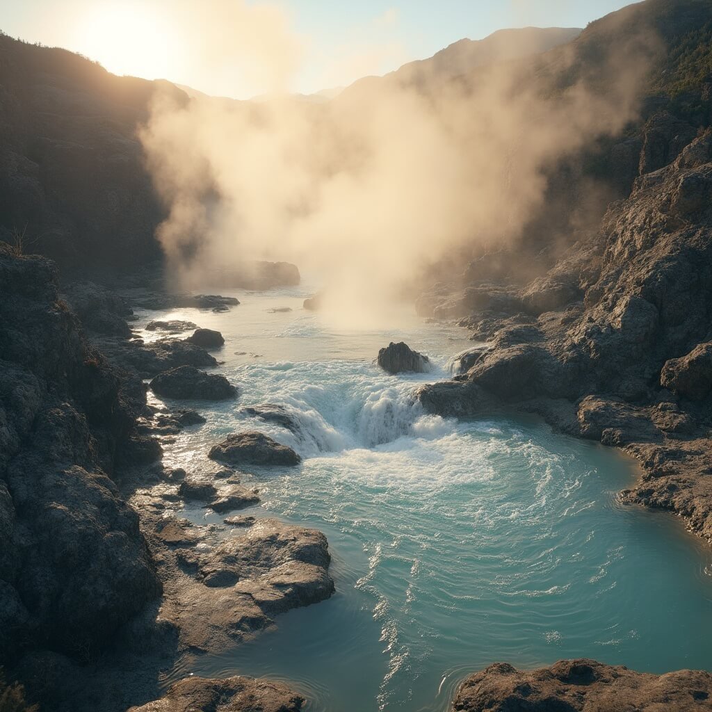 Cascading thermal waters from Hot Springs' rugged rocky hillsides in early morning sunlight, showcasing steam swirls, geological textures, and translucent mineral composition at 140 degrees temperature.