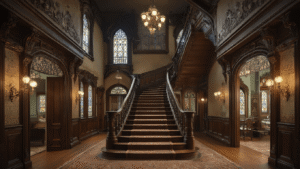 "A Victorian mansion with impossible architecture featuring an ornate staircase leading into the ceiling, doors opening to brick walls, interior-facing windows, labyrinthine corridors, gravity-defying rooms, and rich mahogany finishes with stained glass details."