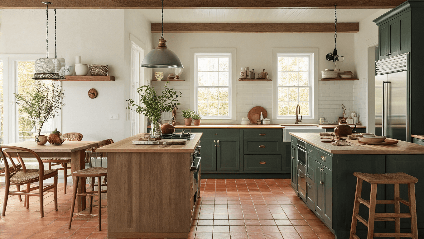 A cozy kitchen showcasing warm terracotta porcelain tiles, luxury vinyl planks, and a herringbone pattern. Features include marble countertops, stainless steel appliances, a vintage copper kettle, farmhouse sink, navy and sage green cabinetry, butcher block counters, potted herbs, and wooden cutting boards, all illuminated by soft morning light.