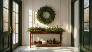 Luxurious entryway with a forest green door and an evergreen wreath, illuminated by golden sunlight, featuring a walnut console table adorned with pinecones and a silver candle against white walls and a marble-tiled floor.