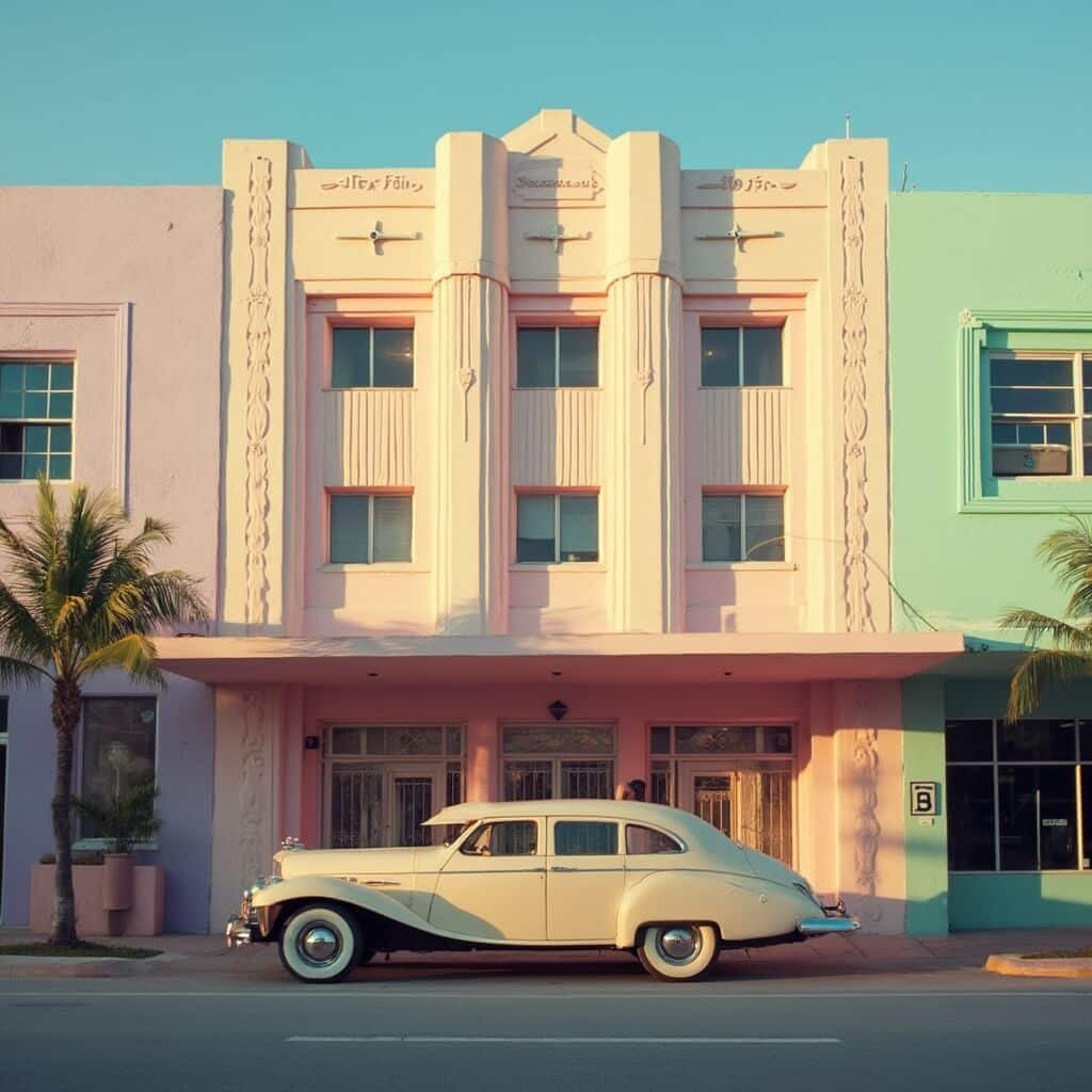 Symmetrical pastel pink Art Deco building in Miami at golden hour with 'eyebrow' windows, gleaming chrome accents, and 1930s Packard car in foreground amidst a soft lavender and mint green Kodachrome palette