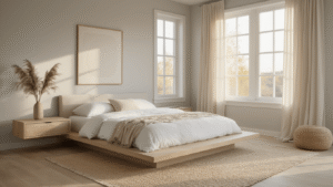 Cinematic wide-angle shot of a serene minimalist bedroom featuring a low-profile whitewashed oak platform bed with crisp white linens, soft dove gray walls, large windows with flowing linen curtains, and warm golden hour light illuminating the space.