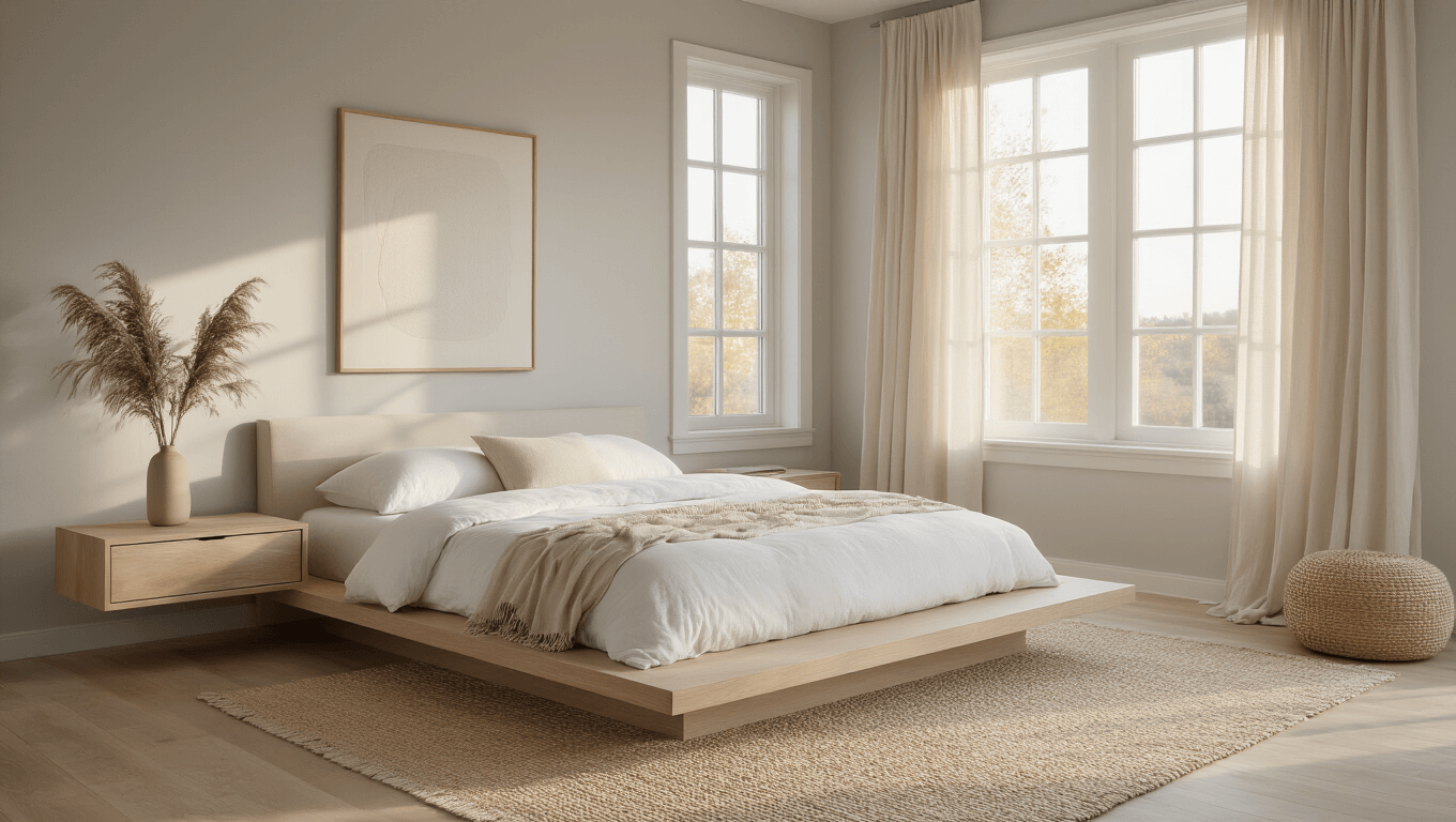 Cinematic wide-angle shot of a serene minimalist bedroom featuring a low-profile whitewashed oak platform bed with crisp white linens, soft dove gray walls, large windows with flowing linen curtains, and warm golden hour light illuminating the space.