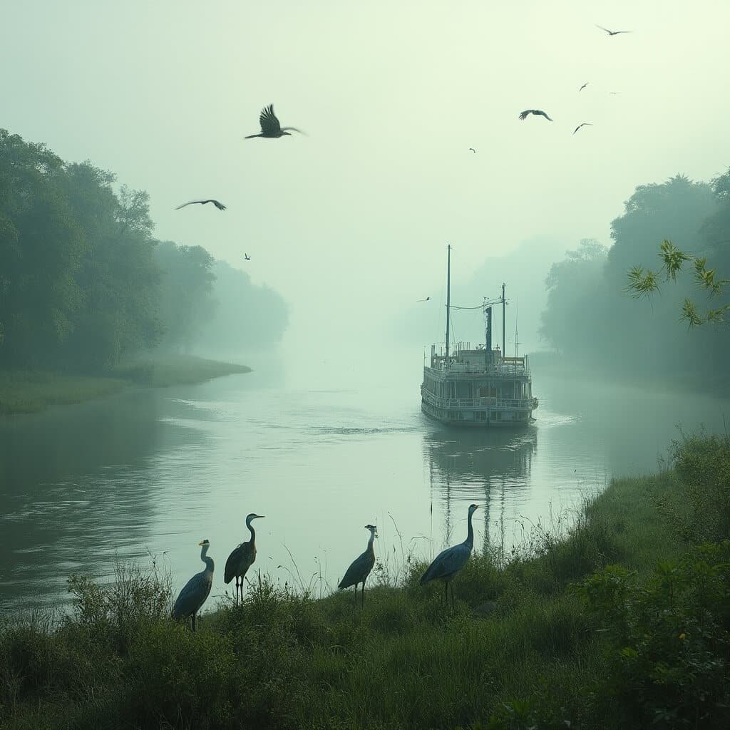 Panoramic view of the Mississippi River with lush green banks, a vintage paddle-wheeler, soaring bald eagles, blue herons near the shoreline, and mist rising from the water surface in the early morning light.