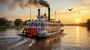 "Victorian era steam-powered paddle wheel steamboat cruising down the mighty Mississippi River at sunset, featuring billowing black smokestacks, passengers on deck, a jazz musician silhouette, flying herons, and a view of plantation homes in the distance."