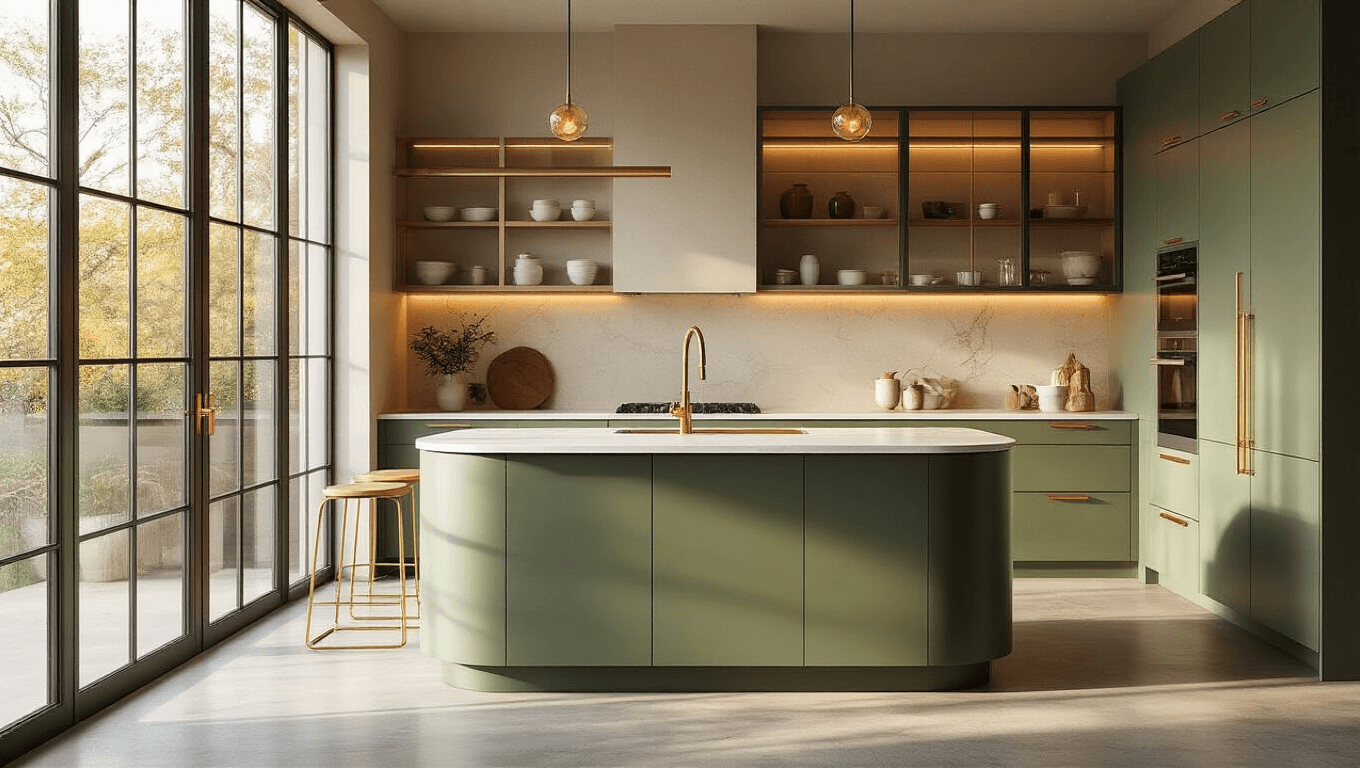 Ultra-modern kitchen with curved sage green island, warm golden hour lighting, brushed brass hardware, polished concrete floors, glass-front upper cabinets, two-tone cabinetry, chrome bar stools, natural wood shelves, marble countertops, and inviting atmosphere.