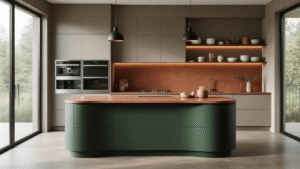 Sophisticated modern kitchen with greige handleless cabinets, deep forest green curved island, stainless steel appliances, terra-cotta backsplash, open shelving, and warm natural light.