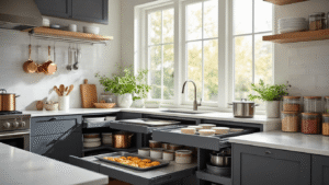 Ultra-modern kitchen with pull-out shelves, marble countertops, organized storage, and warm wood accents in soft morning light.