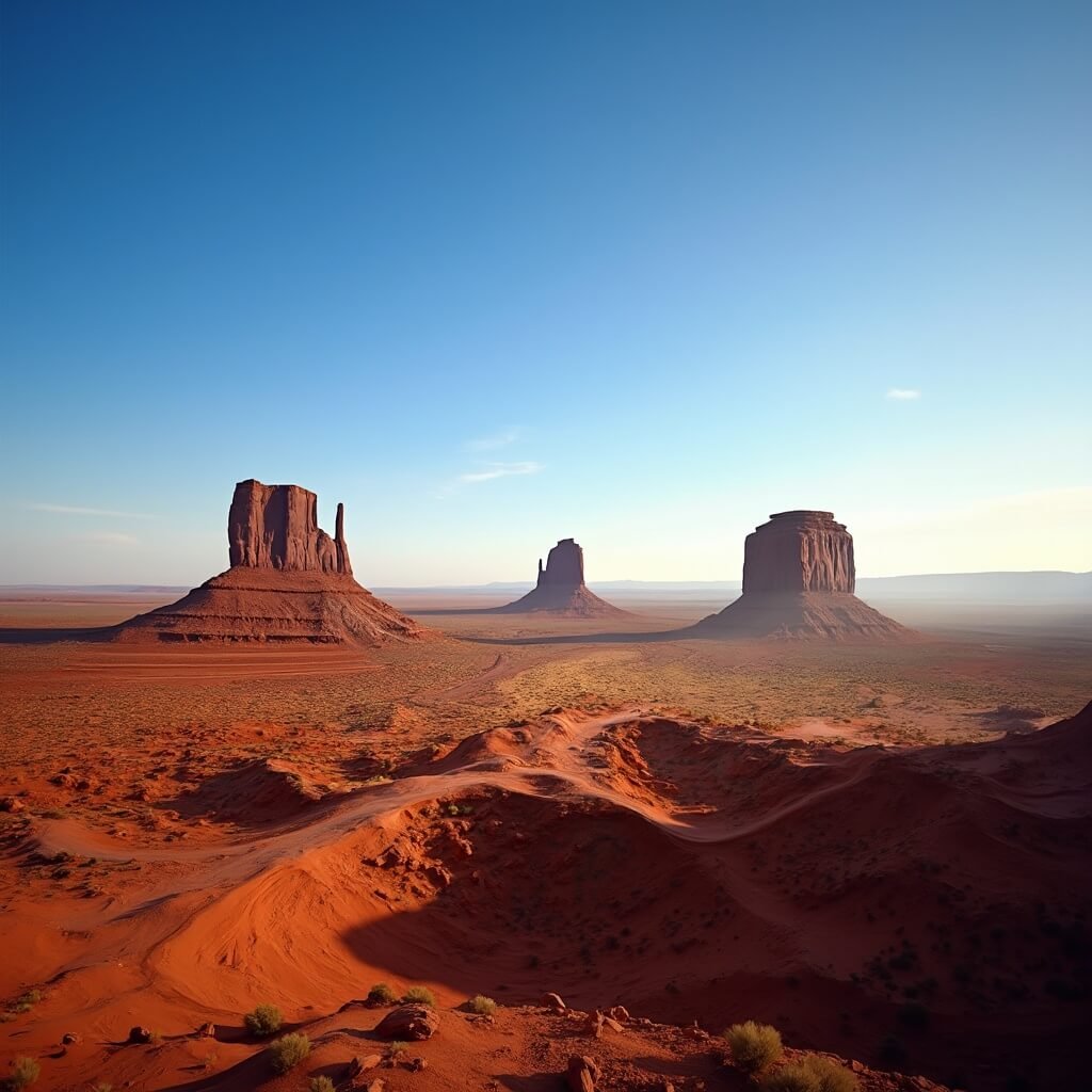 Ultra-realistic 8K image of Monument Valley's Mittens rock formations in early morning golden hour lighting with deep red earth tones and long shadows, under a clear blue sky.