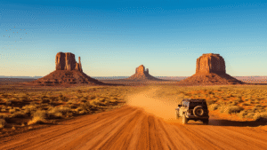 "SUV driving on a red dirt road through Monument Valley with the towering "The Mittens" sandstone buttes and a brilliant blue sky in the background."
