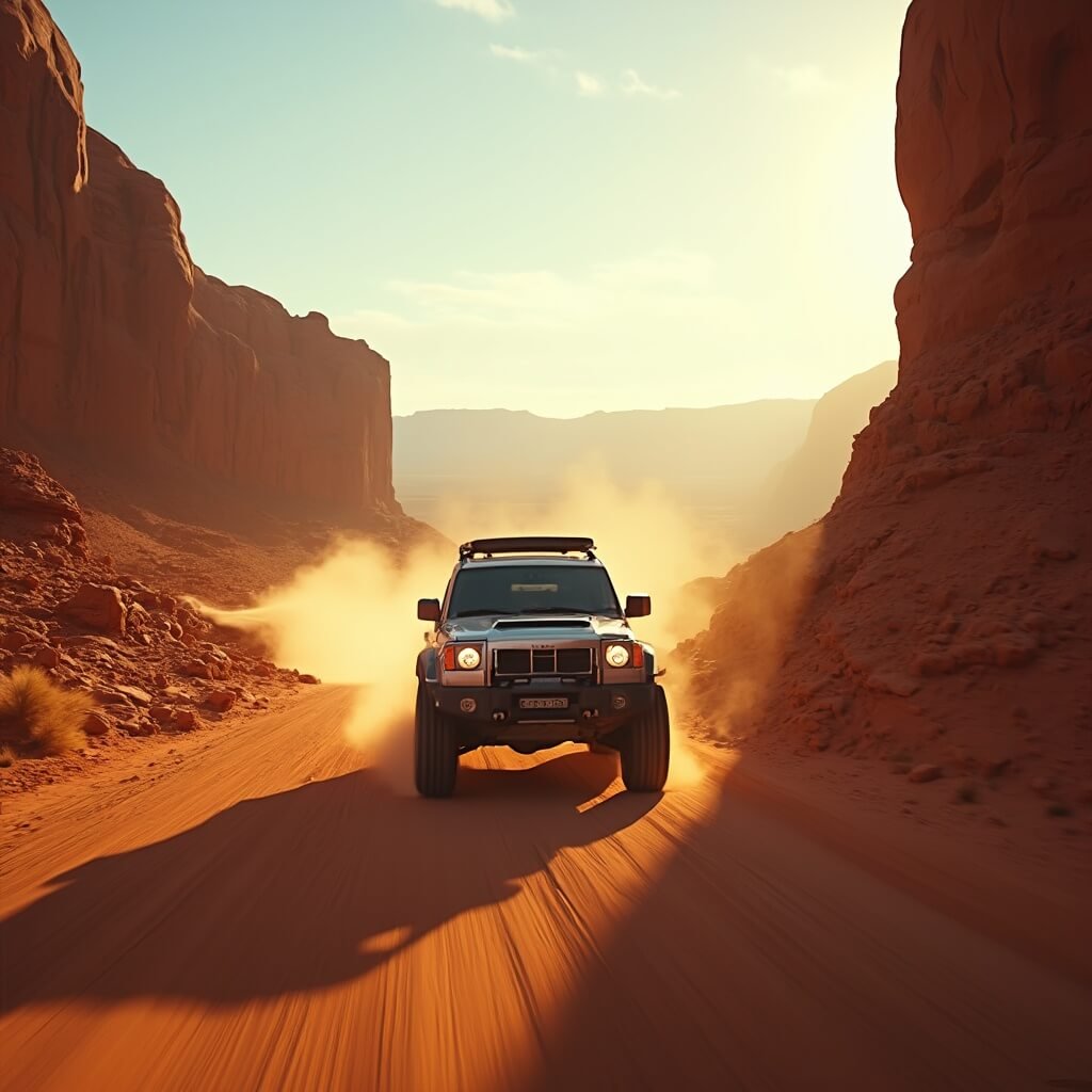 High-clearance SUV driving on dusty dirt road through Monument Valley at golden hour, between rust-colored rock formations.