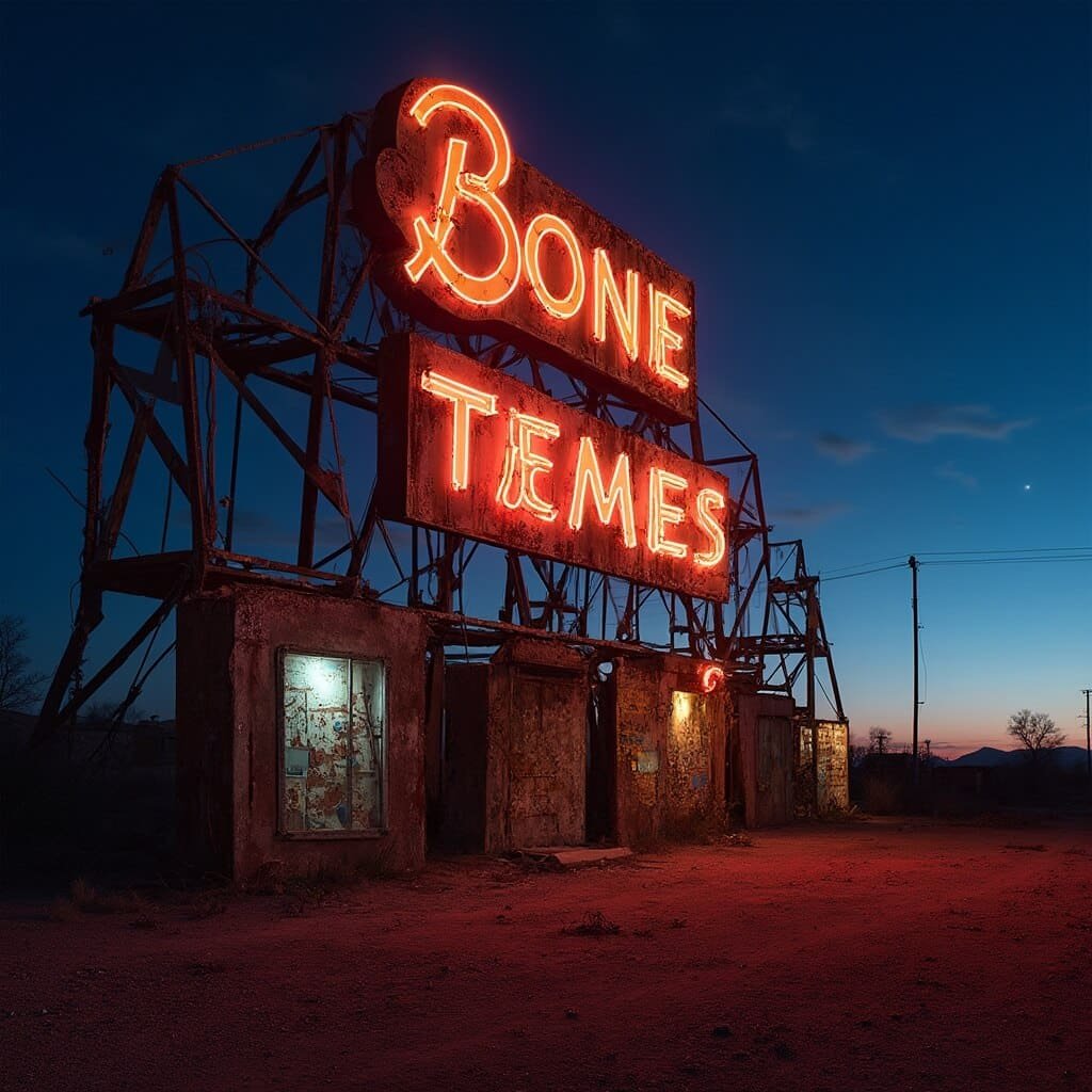 Vintage neon signs at the Neon Museum's boneyard silhouetted against twilight desert sky, showcasing a detailed texture of aged metal and rusted edges