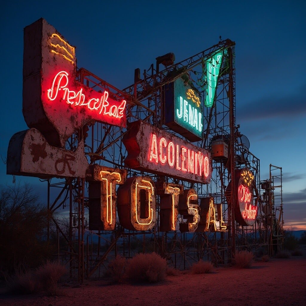 Vintage neon signs at Neon Museum's boneyard silhouetted against twilight indigo sky, the textures of aged metal and rust details highlighted with ambient lighting.