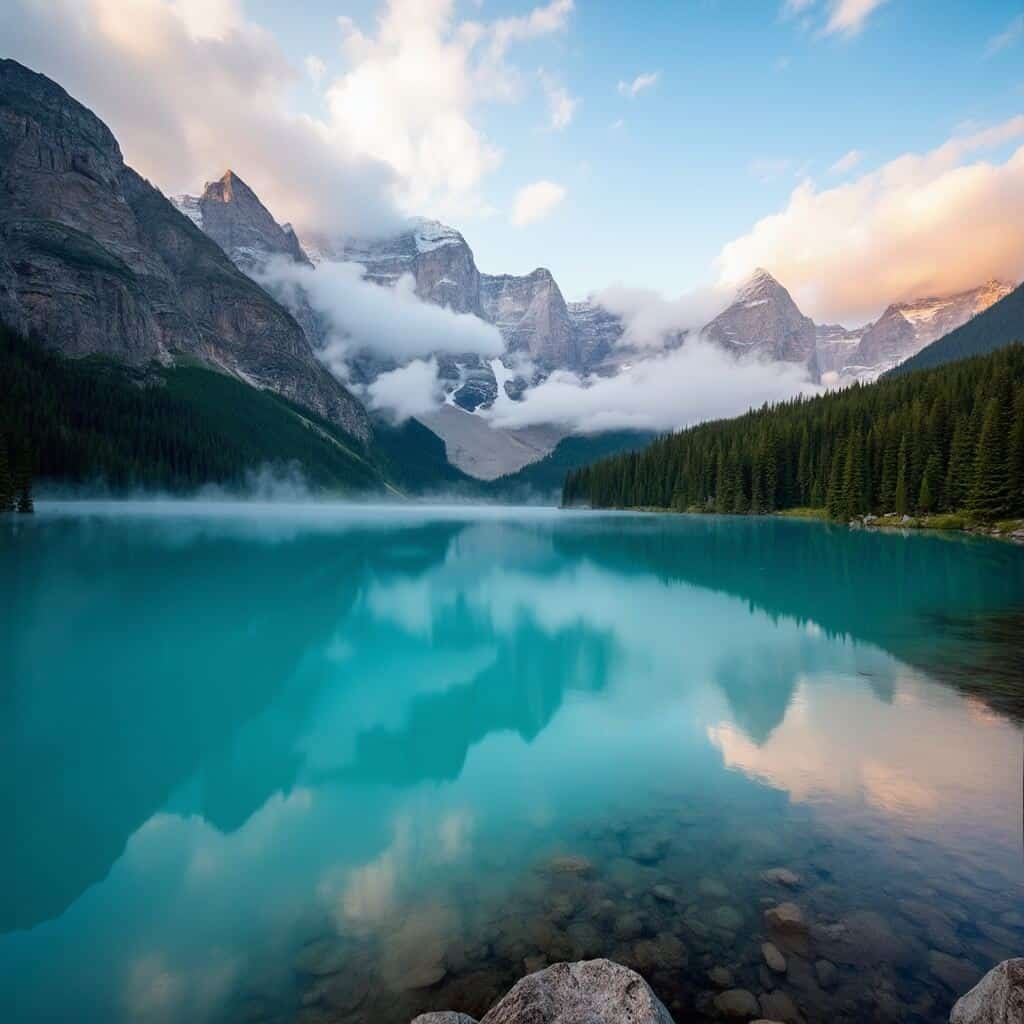 Peyto Lake during golden hour, surrounded by Rocky Mountains and emerald green forests, with a perfect mirror reflection in the turquoise water under a dynamic cloud-filled sky.