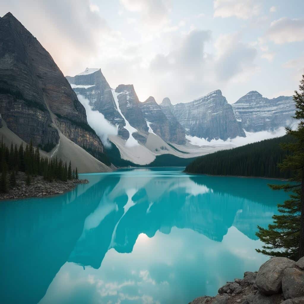 Peyto Lake during golden hour displaying turquoise water, mirrored reflections of pine forests, amidst Rocky Mountain peaks and a misty, dynamic sky backdrop