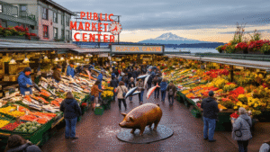 "Aerial view of Pike Place Market with fishmongers, produce stands, tourists around bronze pig statue, street musicians, flower vendors, with Puget Sound and Olympic Mountains in the backdrop, shot during golden hour."