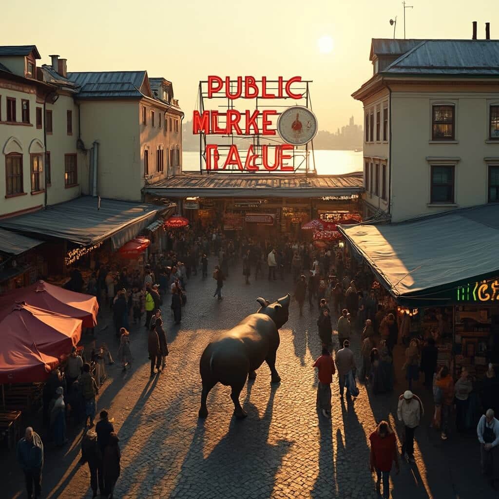 Overhead view of bustling Pike Place Market at golden hour with Rachel the Pig statue centered, street performers, vibrant market colors, wooden architecture, long shadows on cobblestones, and Seattle skyline with glimmering Puget Sound waters in the background