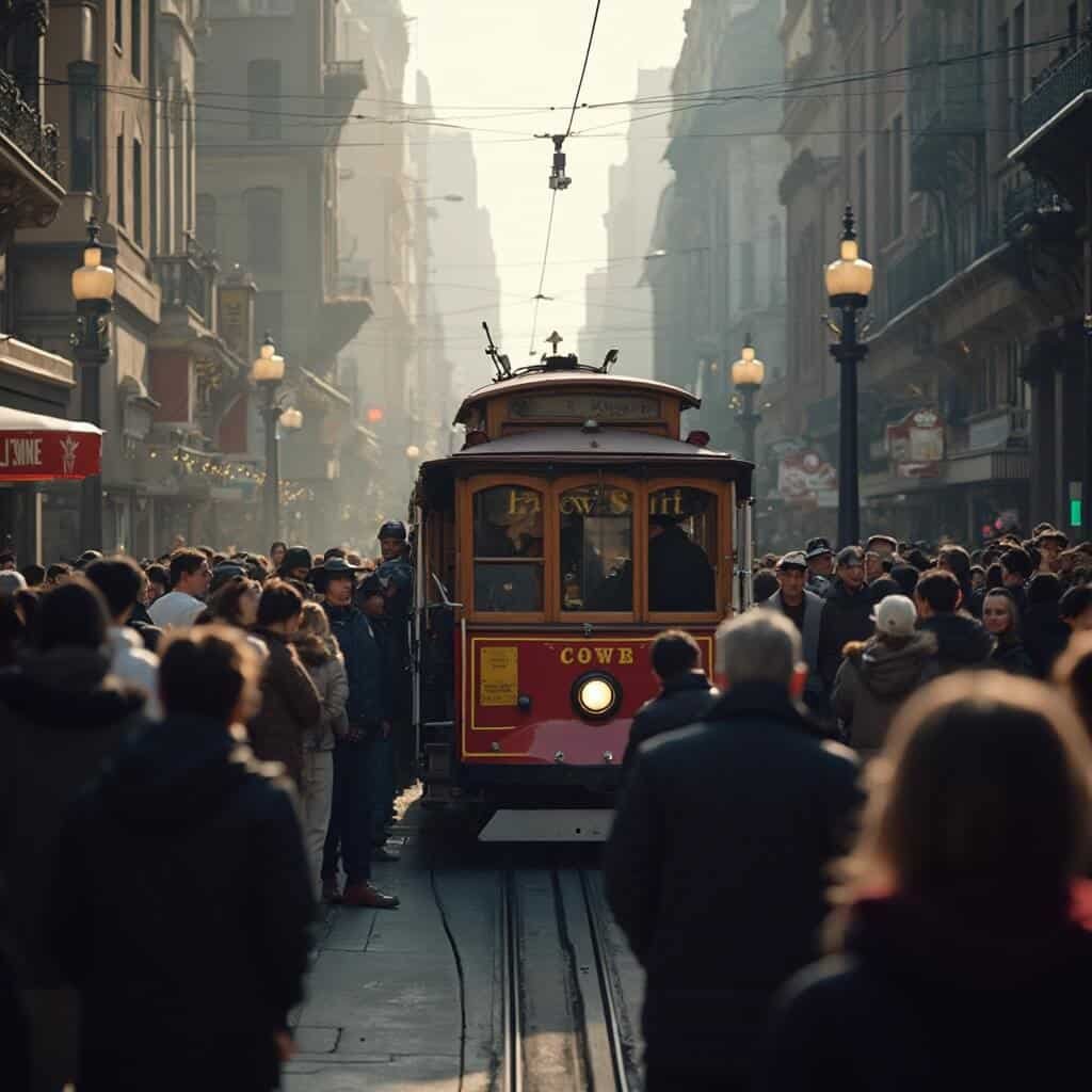 Early morning at Powell Street cable car turnaround, featuring diverse group of tourists and locals in line, operators manually rotating the car, and vintage architecture illuminated by soft light.