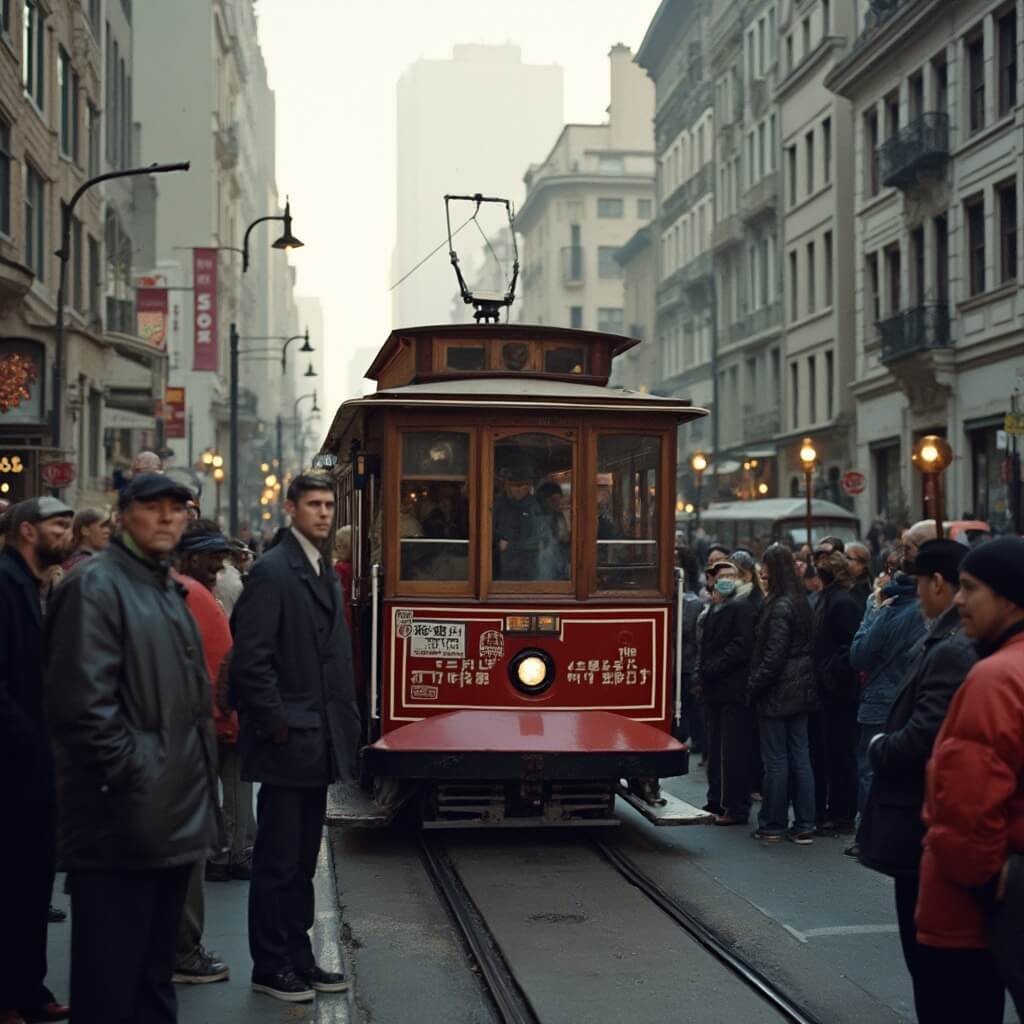Early morning at Powell Street cable car turnaround with tourists and locals waiting in line, operators manually rotating vehicles on mechanical turntable, vintage architecture, and human interaction with historic transport system.