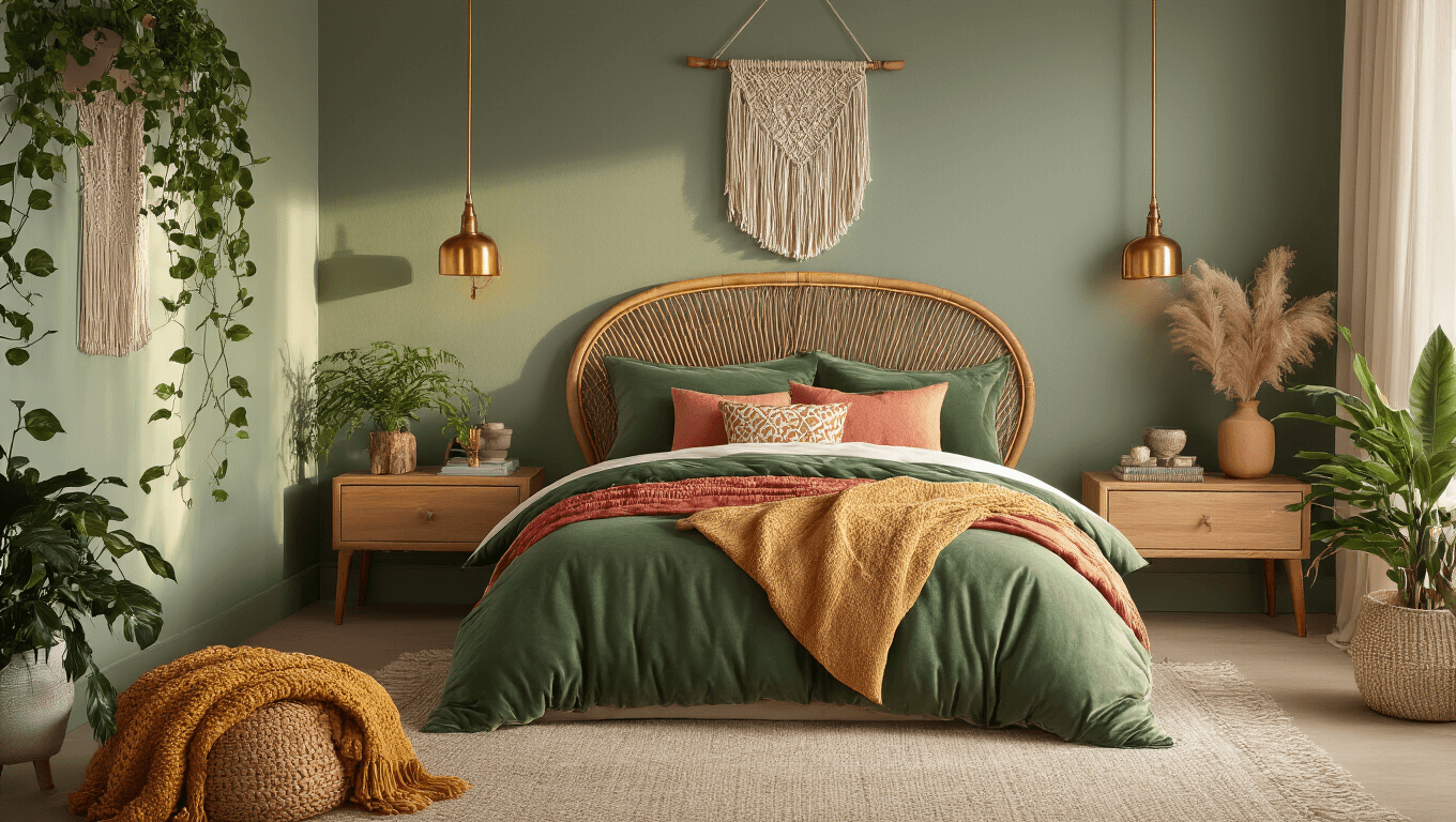 Cinematic wide-angle shot of a serene bedroom sanctuary with sage green and coral walls, plush velvet duvet, rattan headboard, warm brass lighting, cascading pothos plants, and cozy textures, exuding inviting warmth and tranquility.