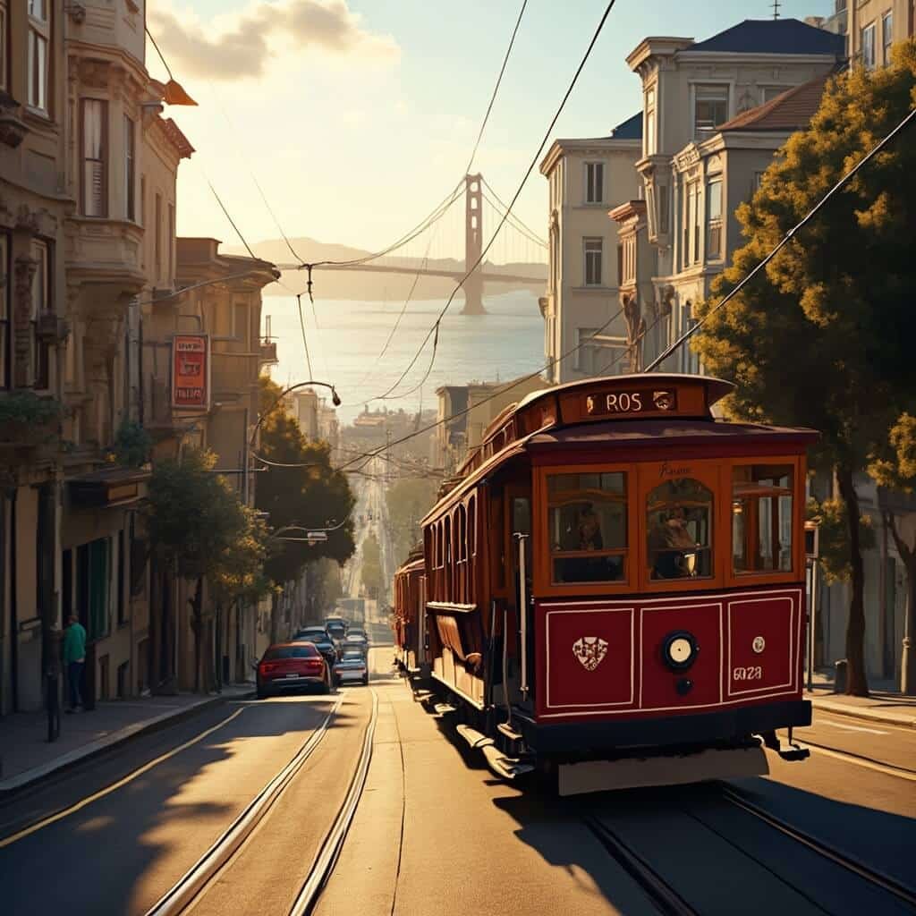 Classic red cable car climbing steep San Francisco hill, lined with Victorian houses, in afternoon sunlight with blurred Bay Bridge and city skyline in the background
