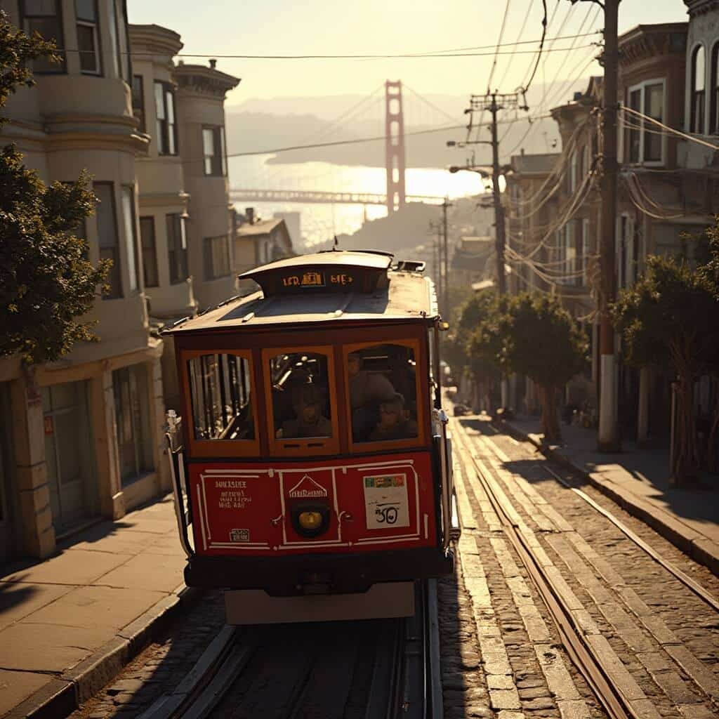 Red San Francisco cable car climbing steep hill lined with Victorian houses, with blurred Bay Bridge and city skyline in the background during golden afternoon sunlight