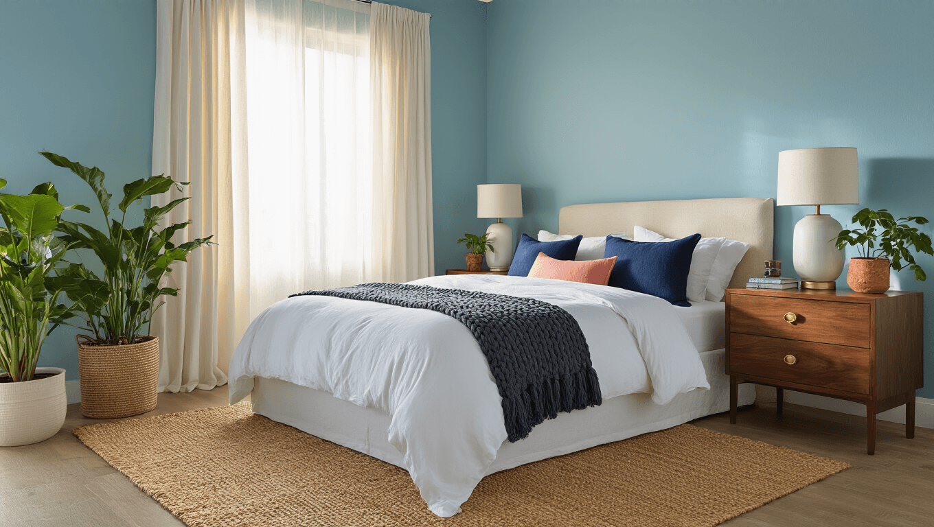 Cinematic wide-angle shot of a serene blue bedroom with aqua walls, white linen duvet, chunky knit throw, natural jute rug, and warm golden hour light, featuring a walnut nightstand, brass lamp, and emerald plants, with navy and coral accents, emphasizing tranquil atmosphere and layered textures.