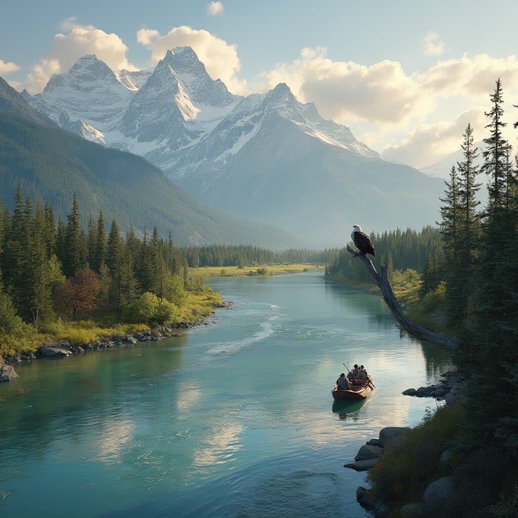 Snake River winding through Grand Teton National Park during golden hour with a wooden raft carrying adventurers, a bald eagle perched on a weathered branch, snow-capped mountains, and lush pine forests with dramatic clouds overhead