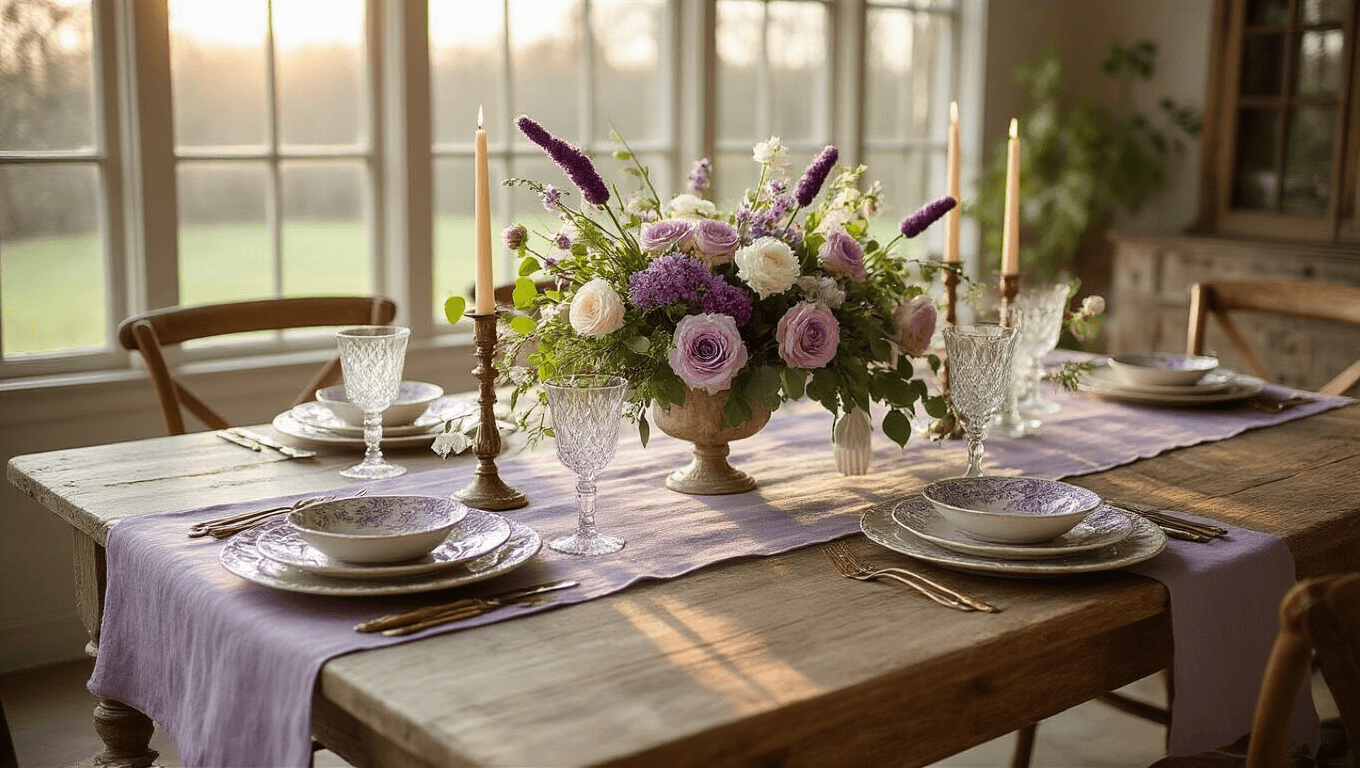 Elegant spring dining table decor featuring a rustic oak farmhouse table, lavender linen runner, hand-painted ceramic plates, mismatched vintage silver utensils, and crystal candlesticks, complemented by a lush centerpiece of purple cattails, ivory lilacs, pink roses, and eucalyptus in antique crystal pitchers, all illuminated by warm golden hour lighting and battery-operated fairy lights.