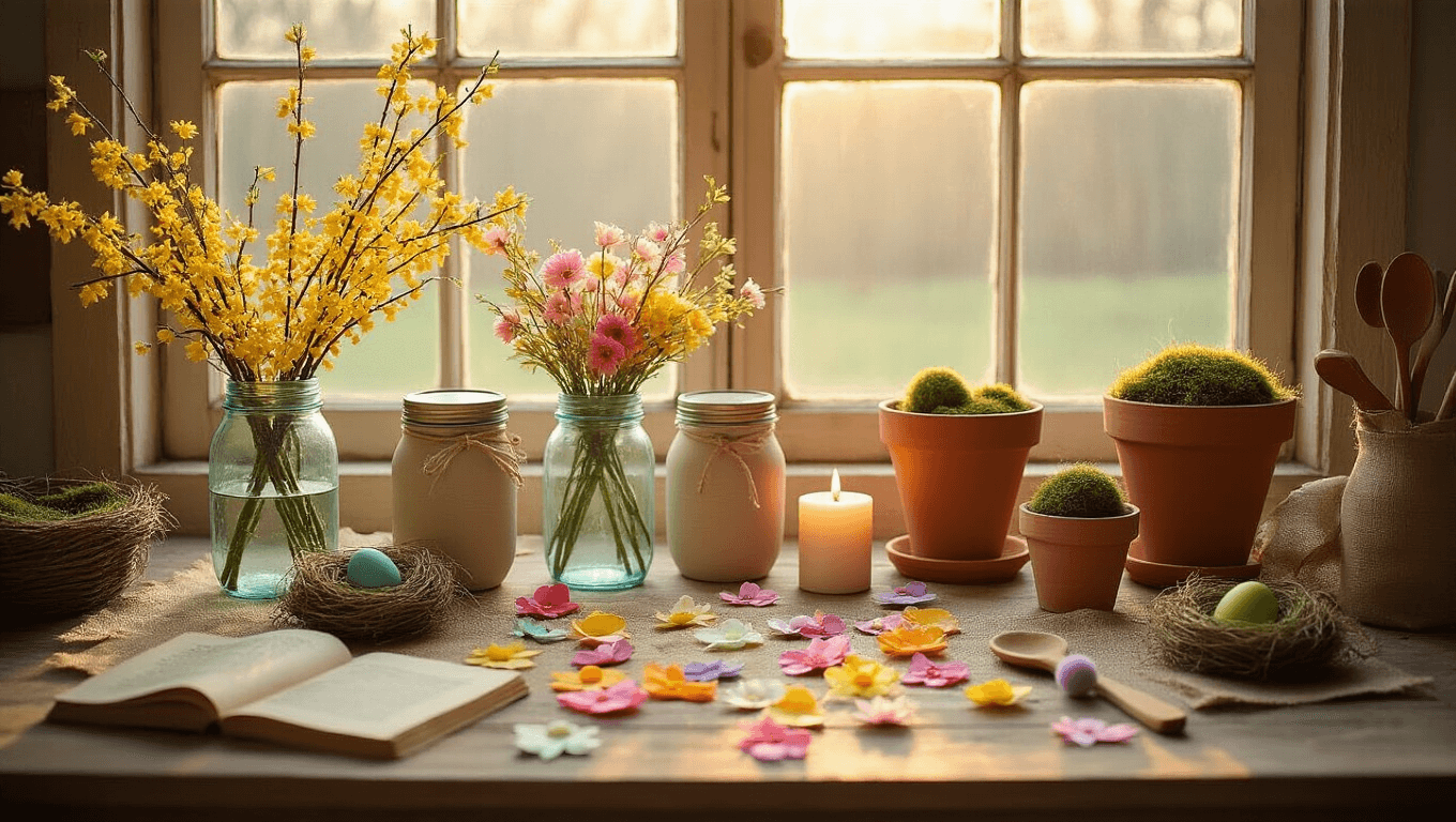 Cinematic overhead shot of a rustic wooden craft table with spring DIY projects, including mason jars with forsythia branches, colorful fabric flower petals, painted terracotta pots, book page birds, pom-pom trim ribbon, lavender candles, and vintage wooden spoons, all illuminated by warm golden hour light.