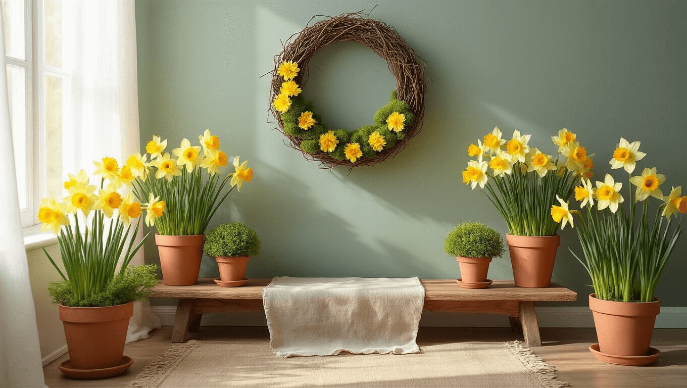 Ultra-realistic entryway decor featuring a rustic grapevine wreath with faux flowers, bright yellow daffodils in terracotta planters, a natural linen table runner, and a muted greenish-blue accent wall, all illuminated by soft morning light.