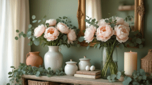 Cinematic spring mantel scene with blush peonies in glass vases, eucalyptus garland, vintage ceramic containers with speckled eggs, and a distressed mirror, all bathed in warm golden hour light against a sage green wall, creating a cozy cottage core aesthetic.