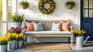 Ultra-detailed photorealistic spring porch scene at golden hour featuring a weathered wooden vintage bench with geometric outdoor pillows, ceramic planters filled with vibrant flowers, a eucalyptus wreath on a navy door, and a soft natural lighting effect.
