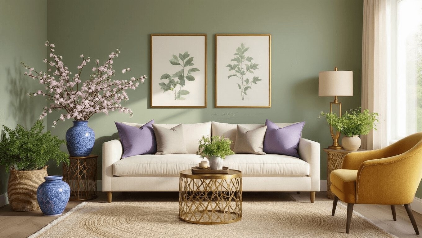 Ultra-realistic spring living room featuring a sage green accent wall, cream linen sofa, brass side table, faux cherry blossoms, and natural textures, illuminated by soft morning light.