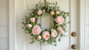 Cinematic close-up of a pastel floral spring wreath with tulips and peonies on a farmhouse door, illuminated by soft morning light, showcasing intricate petal textures and greenery.