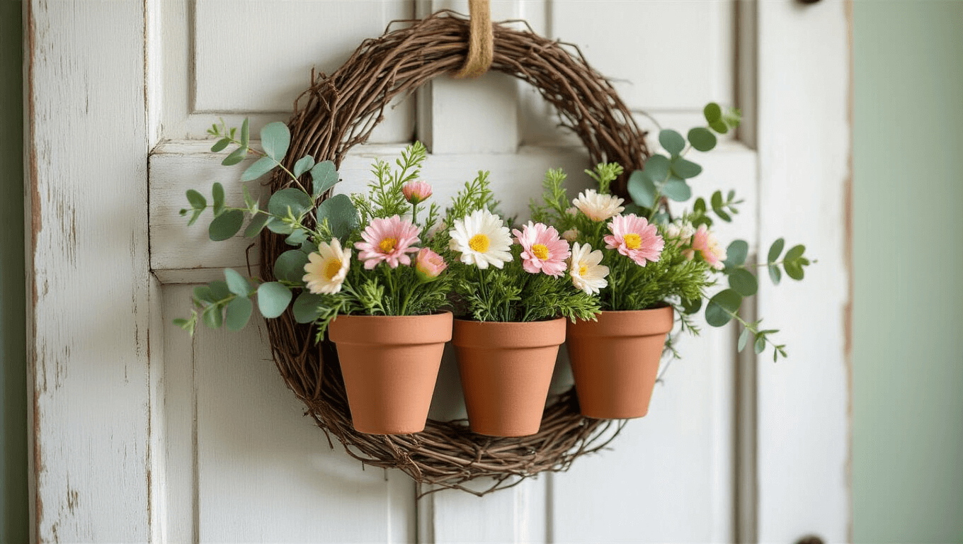 Ultra-realistic close-up of a handmade spring wreath featuring terra-cotta pots filled with faux flowers and eucalyptus, displayed on a weathered white wooden door, with natural morning light and rustic details.