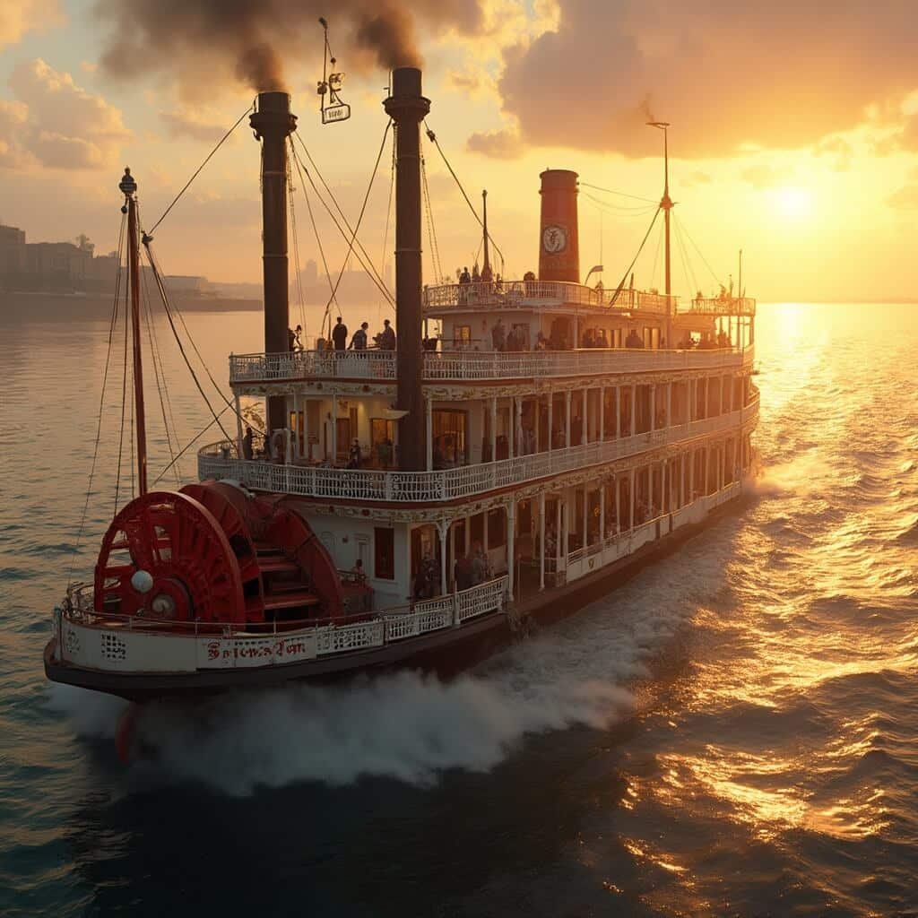 19th-century steamboat Natchez on Mississippi River with ornate deck, jazz musicians, and New Orleans skyline at sunset