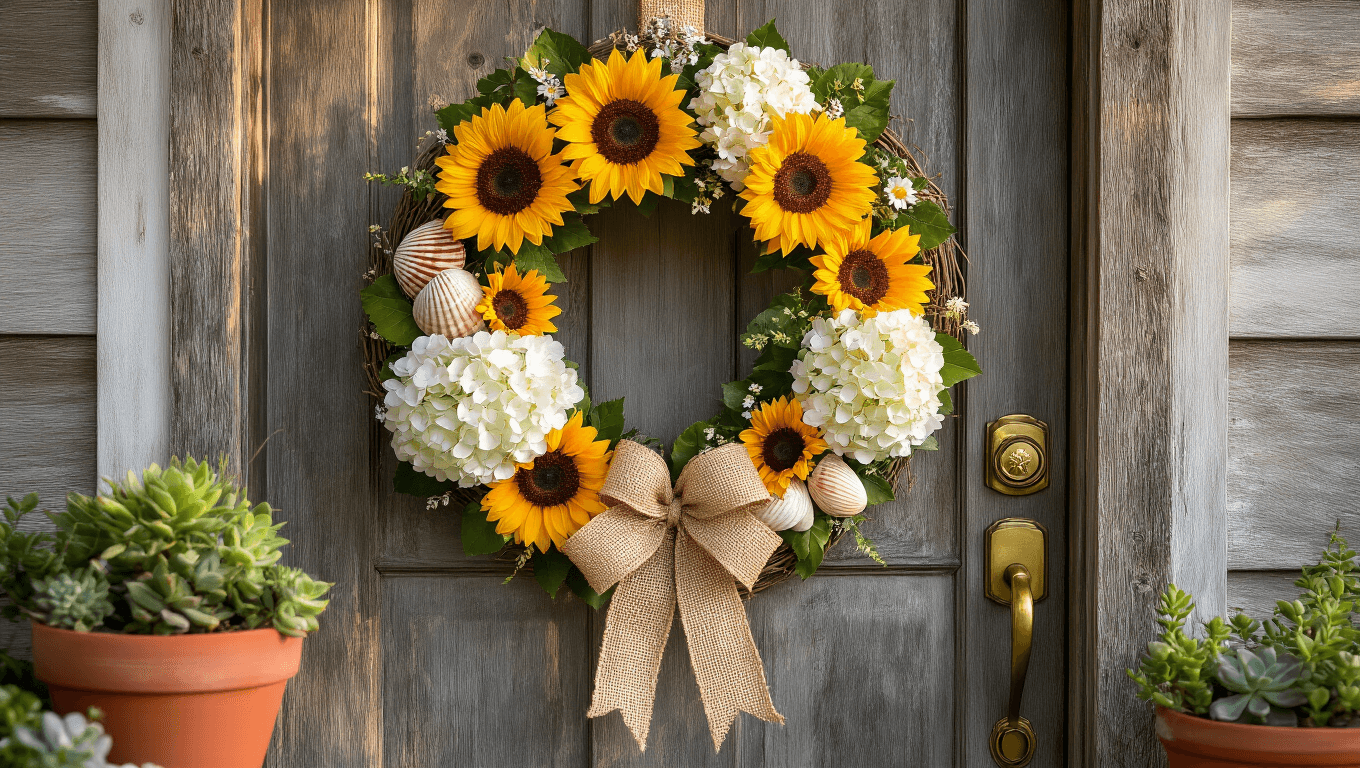 Cinematic summer wreath featuring vibrant sunflowers, hydrangeas, seashells, and driftwood on a grapevine base, set against a weathered front door, adorned with warm golden hour lighting, burlap ribbon, terracotta pots with succulents, and sea glass, evoking a cozy farmhouse coastal aesthetic.