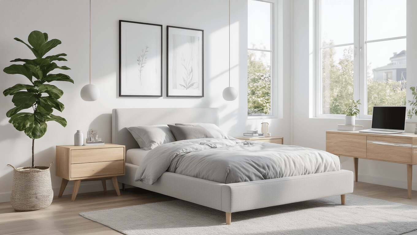 Cinematic wide shot of a minimalist teen girl bedroom featuring white walls, a light gray upholstered bed, and natural lighting, with sleek wooden nightstands, black-framed art, and a fiddle leaf fig plant, evoking a cozy and sophisticated atmosphere.