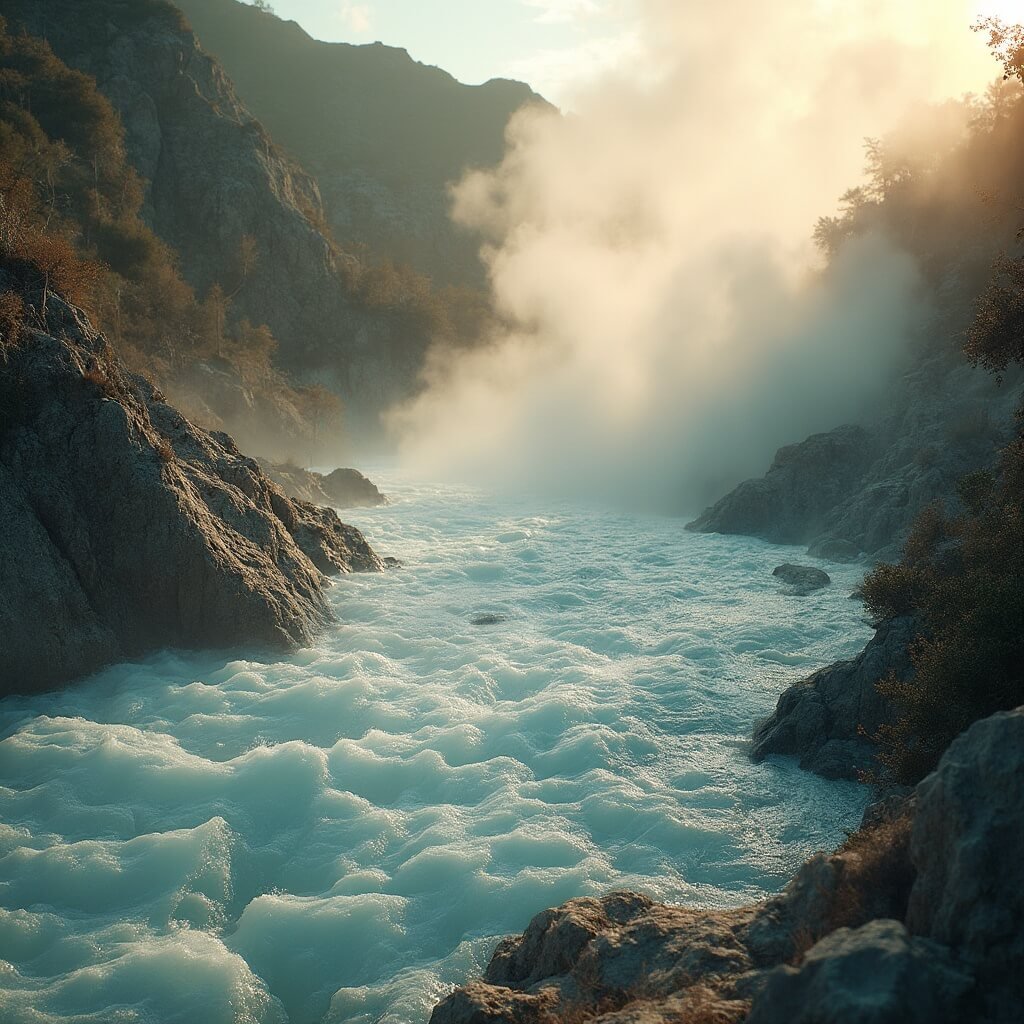 Early morning golden sunlight illuminating steam rising from cascading hot springs in rugged rocky terrain, showcasing geological textures and water's mineral composition