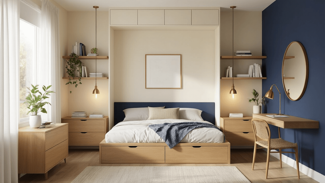 Serene minimalist tiny bedroom with cream walls and a navy accent wall, featuring a low-profile platform bed with storage, tall oak dresser, floating nightstand, vertical storage with shelves, and a wall-mounted folding desk, illuminated by natural light from a sheer-curtained window.