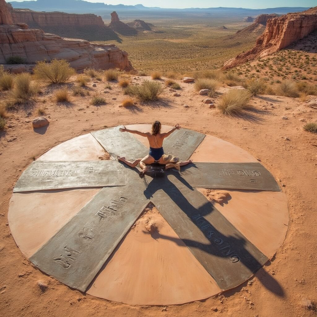 Tourist at Four Corners Monument stretching to touch Arizona, Utah, Colorado, and New Mexico state boundaries, captured from an overhead drone perspective in bright midday sunlight, surrounded by arid southwestern landscape