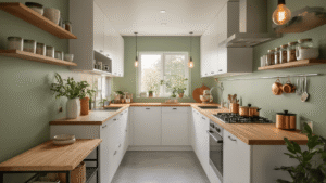 Ultra-modern galley kitchen featuring height cabinets, wooden accents, sage green walls, polished concrete countertops, and soft morning light, highlighting efficient storage solutions and minimalist design.