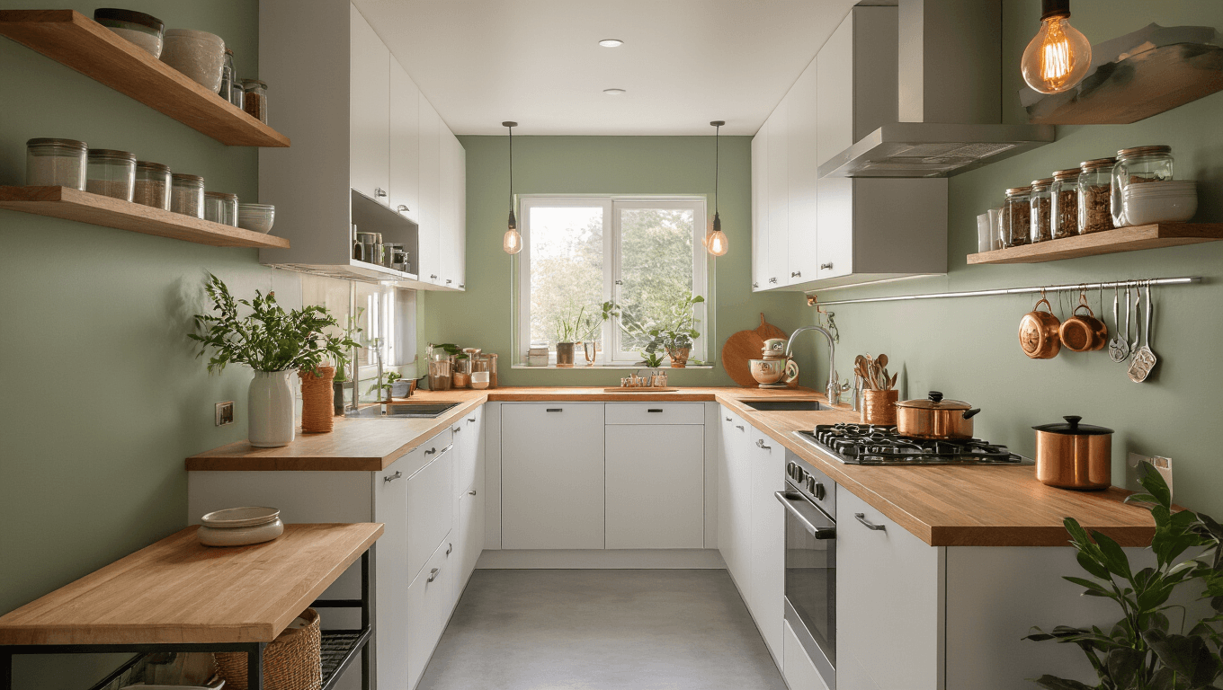 Ultra-modern galley kitchen featuring height cabinets, wooden accents, sage green walls, polished concrete countertops, and soft morning light, highlighting efficient storage solutions and minimalist design.