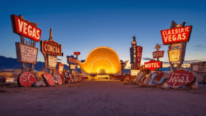 "Boneyard filled with illuminated vintage neon casino signs in Downtown Las Vegas at dusk, with the La Concha Hotel lobby glowing in the background under a transitioning sky."