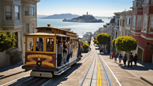 "Vintage cable car ascending steep hill in San Francisco with passengers, Alcatraz Island, San Francisco Bay, Lombard Street, Victorian houses, Ghirardelli Square and golden sunlight in view"
