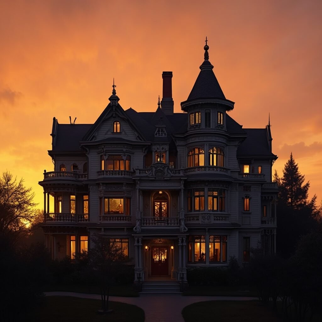 Dramatic view of Winchester Mystery House's asymmetrical Victorian exterior with intricate gables and unique windows, silhouetted against a warm California sunset, captured using professional tilt-shift lens technique