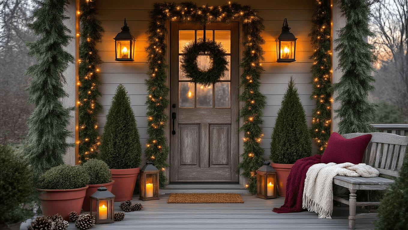 Ultra-detailed winter porch scene at golden hour featuring a weathered wooden front door framed by evergreen garlands, rustic lanterns with amber light, terracotta planters with cypress trees, scattered pinecones, warm white string lights, a cozy wool throw on a vintage bench, and red twig dogwood branches, all within a muted sage and burgundy color palette, creating a warm and inviting farmhouse aesthetic.